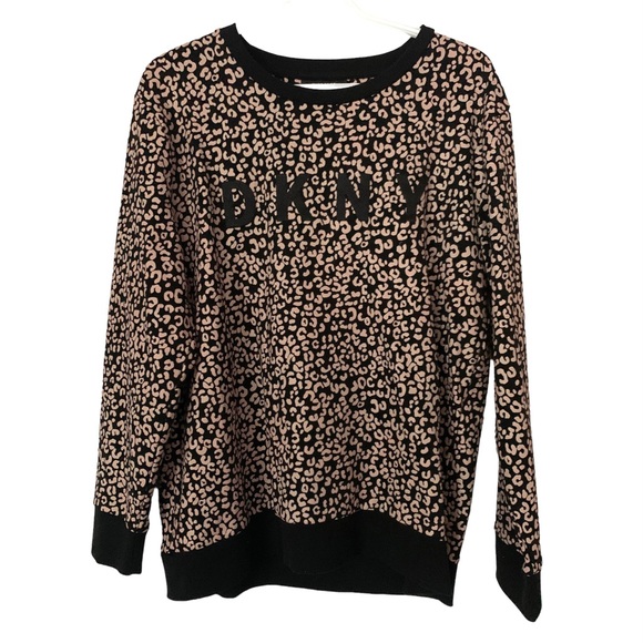 Dkny Sweaters - DKNY Black and Pink Leopard Print Crewneck Sweater